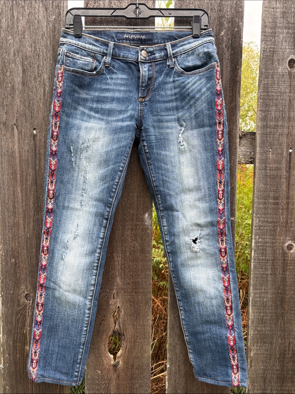 DRIFTWOOD Blue Skinny Jeans with Blue, Red & Rust Embroidered Side Trim